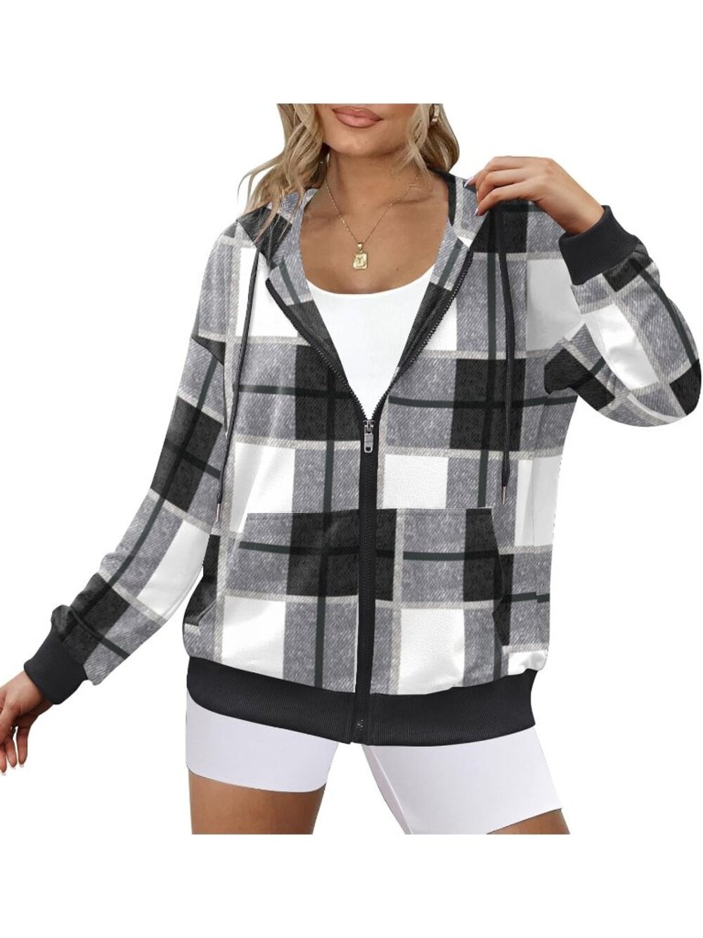 Women Black White Plaid Long Sleeve Zip Up Oversized Sweatshirt Zipper Jackets